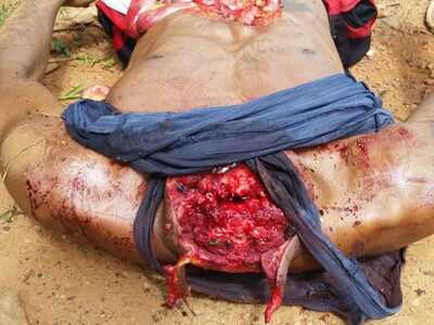 They find a decapitated man with large cuts on his stomach.