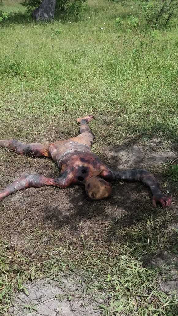 Corpse with burns and brutalized