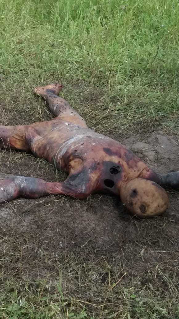 Corpse with burns and brutalized