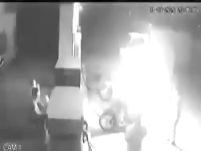 Smoking burning gasoline station