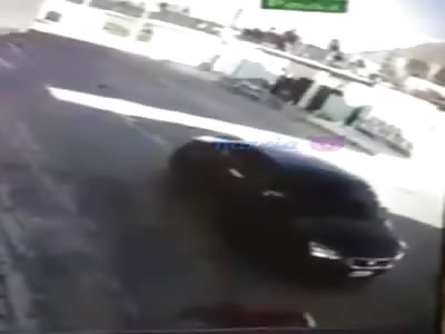 Rickshaw hit by black car.