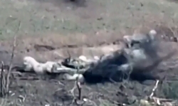 Russian tank runs over a mine