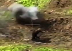 ORC walking with the help of a shovel is attacked by grenade launcher