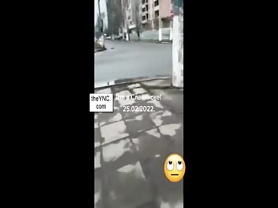 Civilian vehicle collides with a Russian armored vehicle.