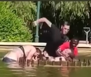 A woman's attacker was beaten with punches