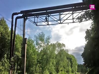 Friend films guy climbing pipeline support, and falls.....twice!!