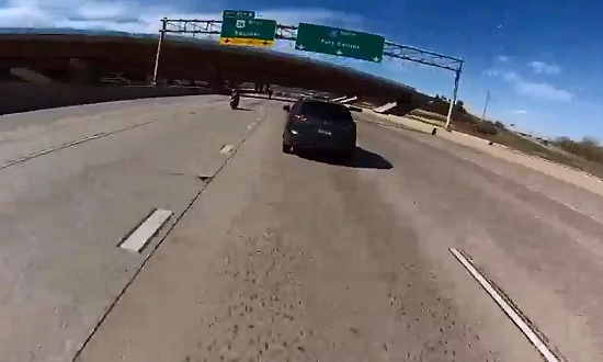 CRASH!..Motorcyclist Should be Watching Where He is Going..Not Where He has Been 