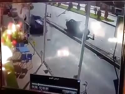 Motorcyclist is Thrown Down the Street after being Hit by Speeding Car 