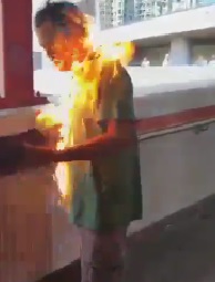 Dude Throws Gas and a Match on Man in Green Shirt (2 Angles)