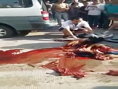 TRUE GORE : Pedestrian totally busted by a car