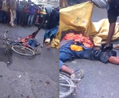 People Cleaning Up the Mess Left by Crushed Cyclist