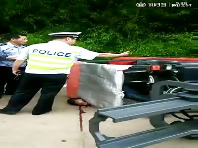 Driver head severed when forklift rolls Over.