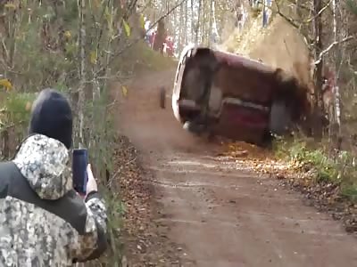 Rally car crashes near the operator