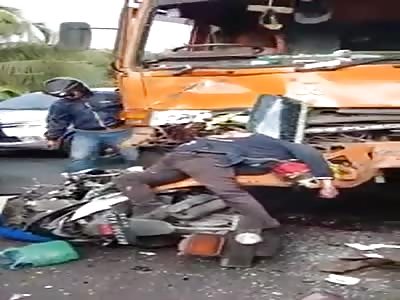 Truck carries the rider between the tires