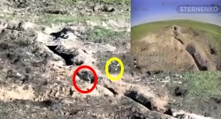 A UA kamikaze drone hits a ORC in a trench