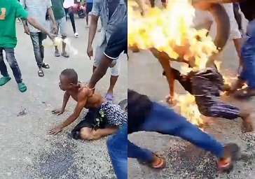 Suspected Thief Set Ablaze By An Angry Mob For Stealing Phone In Nigeria