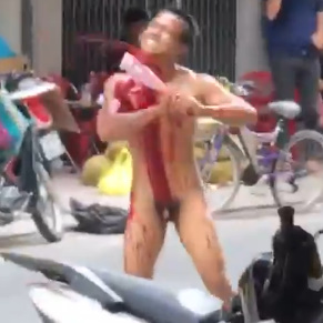 Blood Spews and Gushes Out As Psycho Butchers His Own Throat