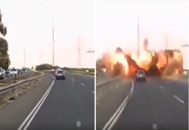 Moment Rocket Fired from Gaza Makes Landfall on Route 4 Israel.