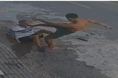 elderly man cruelly beaten by a young man who is in a very serious con