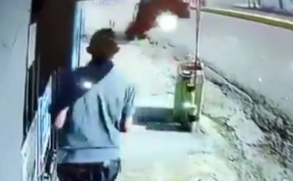 security camera captured the exact moment of a vehicle overturning 