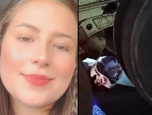 Female Motorcyclist crashed dead under big truck 