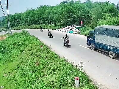Another pair of bikers crash head-on into each other. 