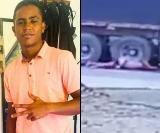 Depressed young man commit suicide by jumping under moving heavy truck