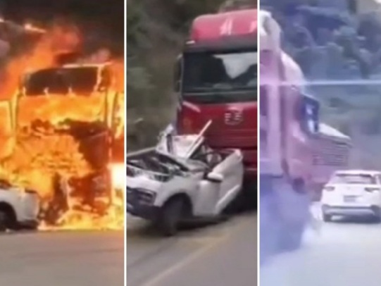 Heavy truck lost break horrifically crashes car 