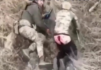 Wounded Solider with a Bloody Ass Crawling to Hide from Drone Attack 