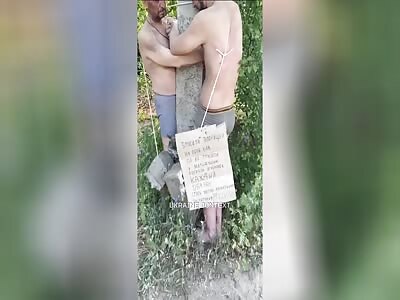 Russian deserters are tied to a pole and beaten.