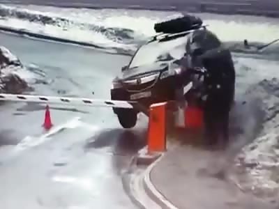 Woman Driver Crashes Into Security Barrier And Guards