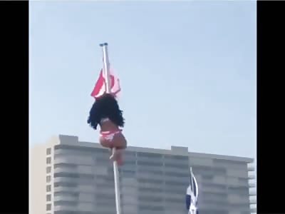 Female Climbs Pole... Regrets It.