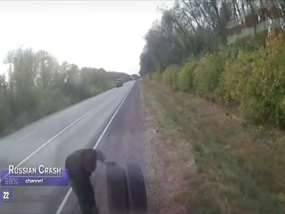 Tire explosion in front of man nearly fucked up 