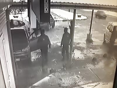 pedestrian escaped from a car tumbling at his heels.two angle 