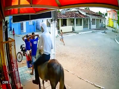 Two armed thieves riding horse 