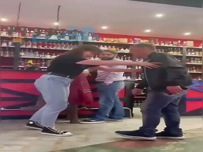 Drunk Russian woman fighting man for fun