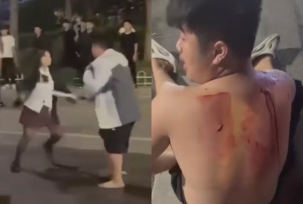 Crazy Bitch Stabs Dude During Mass Fight In China