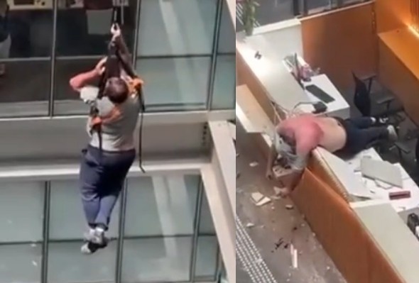 Worker hanging from building - falls to his death after rope snaps.