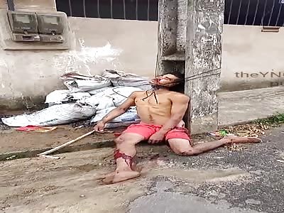 (shocking) man tied and lifeless