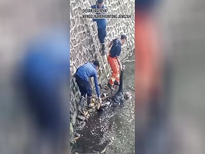 CORPSE BEING REMOVED FROM A DAM