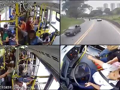 Bus crashes into nine vehicles and injures 13 (More angles)