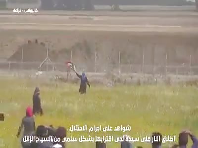isreali sniper hits palestine woman protesting an holding a flag