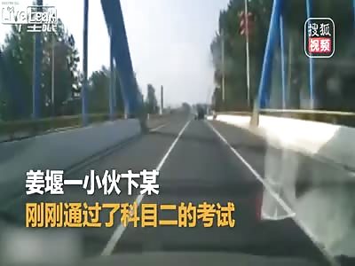 Old man on a tricycle pulls onto the street and gets hit by a car