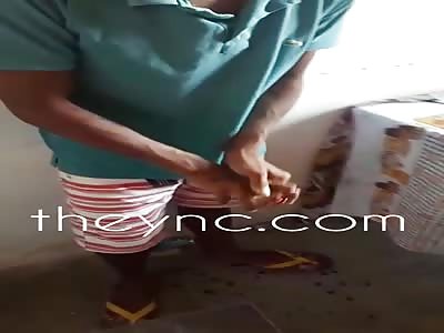 Brutal  man has his fingers cut with a knife
