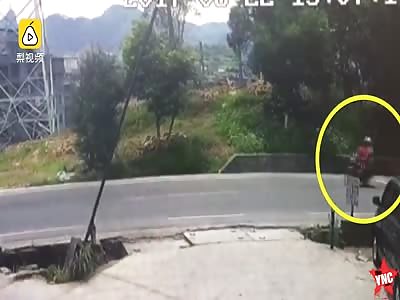 freinds on a Motorcycle are sent flying over  40 meters when a cargo truck  hits them