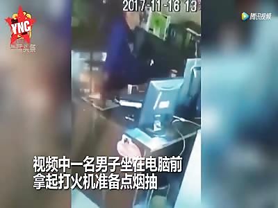 a lighter explodes in a mans face