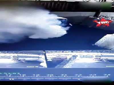 forklift truck explodes with a man on it