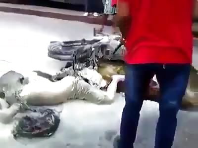 Barbacue: Biker in flames after crash. Still lives