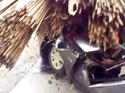 Car driver was died Crushed by a Heavy Load of Construction Iron bars