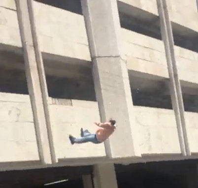 Earthquake in Mexico: man in panic fall from building (2 angles)